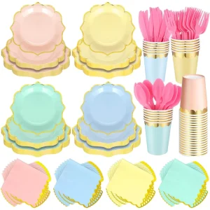 Cross border Disposable Tableware Set Gold Rimmed Lace Edge Multi color Paper Plates Utensils for Parties Family