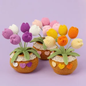 Cross-border Handmade Crochet Tulip Potted Plant Polyester Material Environment-Friendly Home Decoration Yarn Knitting Flower