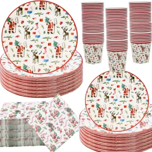 Cross border New Christmas Theme Party Disposable Biodegradable Cartoon 96 Piece Paper Plates Cups Dinner Decorative Tableware