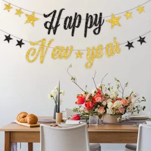 Cross-border New Product New Year’s Day Party Decoration Happy New Year Banner Garland with Glitter Black & Gold