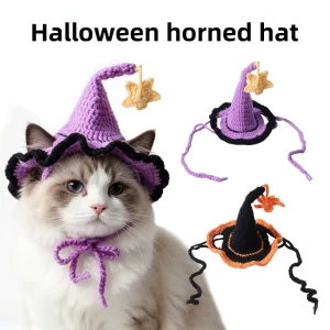 Cross border Pet Halloween Ghost Festival British Style Monochrome Knitted Star Lace Ear Leaky Hat for Cats Dogs All Seasons