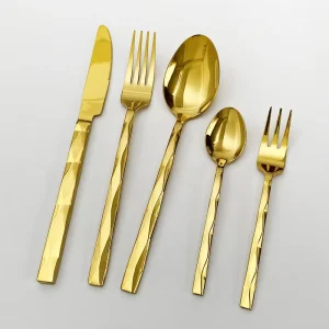 Cross-border Stainless Steel Steak Knife Fork Spoon Five-Piece Dinnerware Set Gold Diamond-Pattern Series Thickened