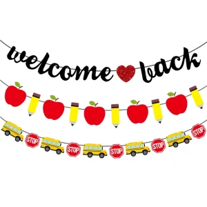 Cross border for Back School Season School Classroom Layout Apple School Bus Pencil Flag Flower Banner Paper Cartoon