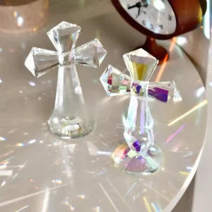 Crystal Cross Figurine Clear AB Color Glass Statue for Home Church Decor Religious Christian Baptism Gift Christmas Wedding