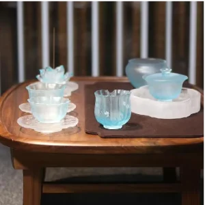 Crystal Glass Handmade Engraved Floral Pattern Flower Shape Tea Cup Set for Home Decoration and Afternoon Tea Collection