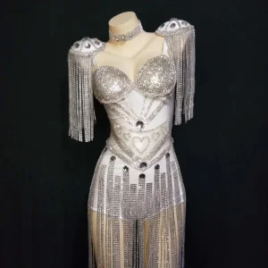 Crystal Tassel Bra Pole Dance Wear Festival Outfit Bodycon Bodysuits Club Rompers Women Show One Piece Jumpsuits