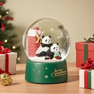 Custom 100mm Christmas Snow Globe Festive Panda & Tree Resin Sculpture High Quality Holiday Gift With Swirling Snow