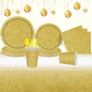 Custom 16 People Diamond Gold Theme Party Disposable Tableware Set Paper Plate Tissue Paper Cup for Birthday Party Decoration