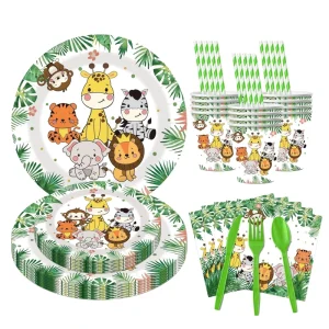 Custom 90pcs Jungle Animal Theme Disposable Tableware Set Dinnerware Paper Plates Cups Napkins for Birthday Party Decorations