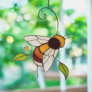 Custom Art Deco Stained Glass Bee Suncatcher Modern Window Hanging Christmas Vacation Decor