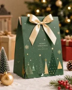 Custom Art Paper Christmas Gift Bags UV Coating Satin Ribbon Bow for Holiday Party Favors Candy Packaging Corporate Giveaways
