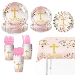 Custom Baby Baptism Theme Disposable Tableware Packs Paper 7inch Plate Cups Napkins Pink Flowers Birthday Baby Shower Party