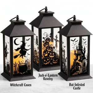 Custom Black Halloween Metal Lantern Set Decorative Black Tabletop Porch Home Decor OEM Halloween Lantern Decor