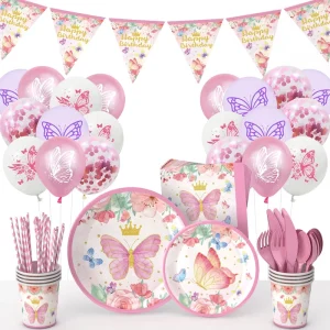Custom Butterfly Birthday Party Decorations Set Paper Plates Cups Balloons for Girls Party