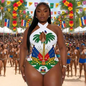 Custom Carnival Festival Print One Piece Swimwear Cross Halter Cutout Monokini Beachwear Supplier Dropshipping OEM