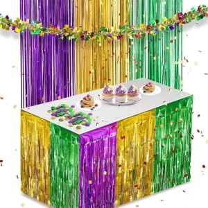 Custom Carnival Metallic Tinsel Fringe Curtain Backdrop and Table Skirts Set for Mardi Gras Decoration Party Favor Supplies