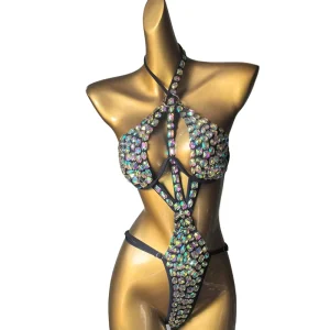Custom Carnival Rhinestone Halter Bodysuit Festival Rave Outfit Hand Crystal Cutout Bling Parade Monokini One Piece Swimwear