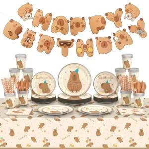 Custom Cartoon Capibara-themed Modern Disposable Biodegradable Eco-friendly Christmas Party Tableware Sets