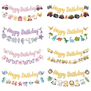Custom Cartoon Mermaid Jungle Animals Butterfly Design Flag Photo Backdrop Birthday Party Hanging Paper Banner