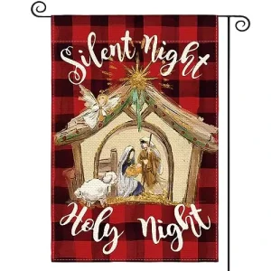 Custom Christmas Buffalo Plaid Nativity Silent Holy Night Double Sided Durable Polyester Garden Flag for Jesus Christian