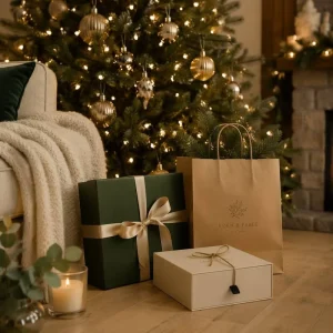 Custom Christmas Gift Box Set Rigid Magnetic Box with Shopping Bag and Folding Carton Complete Holiday Packaging Solution