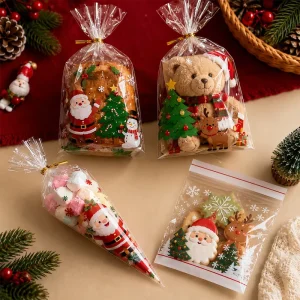 Custom Christmas Printed Transparent OPP Gusset Bags Holiday Party Candy Gift Packaging