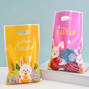Custom Colorful Bunny Egg Design Iridescent Plastic Tote Bag Festive Party Decorations for Easter Food Gift Festival Bags