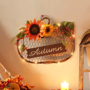Custom Cross border Harvest Halloween Home Decorations LED Autumn Sunflower Iron Mesh Wood Simulation Garland Pendant