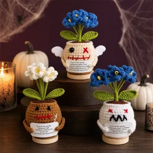 Custom Cute Halloween Forget me not Emotional Support Handmade Crochet Flower Pot Ornament With Positive Label