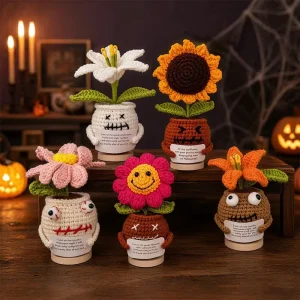 Custom Cute Halloween Sunflower Emotional Support Handmade Crochet Flower Pot Ornament With Positive Label
