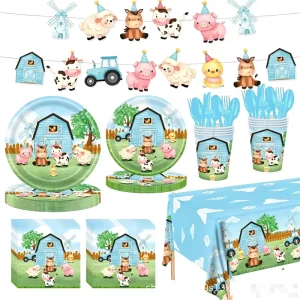 Custom Dairy Farm Theme Disposable Tableware Set Paper Plates Napkins Cups Tablecloths for Kids Birthday Party Decorations