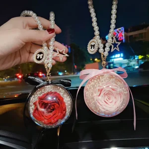 Custom Design Mother’s Day Gift Pearl Rose Eternal Flower Keychain for Women Bag Charm Car Key Chain Preserved Flower KeyChain