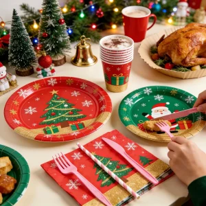 Custom Disposable Paper Paper Warm and Festive Christmas Series Tableware Set Eco Friendly for Party Dinner