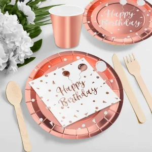 Custom Disposable Rose Gold Premium Paper Tableware Set Collection for Birthday Themed Party Celebration Decoration