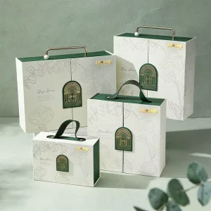 Custom Double Door Rigid Magnetic Paper Gift Box With Handle, Gold Foil Stamping & Matte Lamination For Wedding Candy Packaging