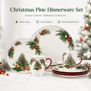 Custom Elegant Ceramic Green Red Rim 4 Piece Stoneware Christmas Tree Dinner Set Include Plate Mug Bowl