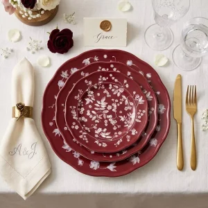 Custom Festive Red Floral Wedding Ceramic Dinnerware Set Vintage Decal Porcelain Plates Retail Tableware for Events and Gift Shop