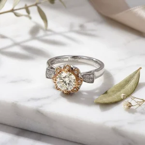 Custom Fine Jewelry Two Tone Sunflower Ring 1CT Brilliant Solitaire Au750 NGTC Certified Engagement Diamond Ring