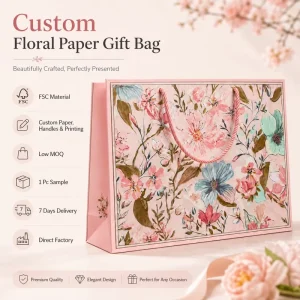 Custom Floral Paper Gift Bag with Handles Luxury FSC Shopping Bag for Gift Packaging