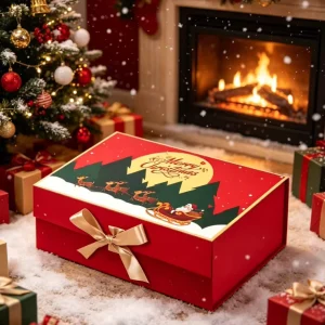 Custom Foldable Christmas Gift Box with Magnetic Closure Ribbon Bow Decor Gift Paper Box for Candy Candle Present Packaging
