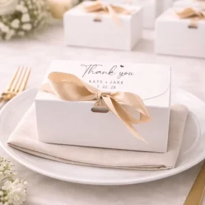 Custom Gift Souvenir Box With Satin Ribbon Name Gold Foil Printing for Cookie Chocolate Macaron Cake Slice Wedding Favor Party