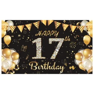 Custom Happy Birthday Banner 70.8x43in 17th Black Gold Balloon Theme Party Background Tapestry Boy Girl Birthday Backdrop Banner