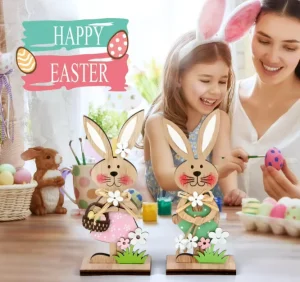 Custom Happy Easter Party Table Decoration Crafts Colorful Rabbit Standing Desktop Home Decoration Wooden Crafts Easter Ornament