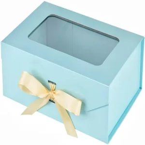 Custom High End Portable Rigid Blue Gift Box with Window Magnetic Closure and Ribbon Eco Friendly