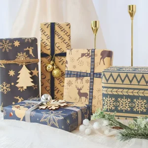 Custom Holiday Kraft Gift Wrapping Paper Christmas Blue Design Print Gift Wrap for Eco Packaging