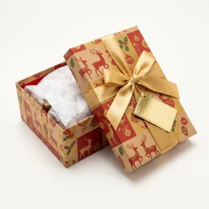 Custom Holiday Season Care Package Gift Box Christmas Hanukkah New Year Printed Box Tissue Ribbon Gold Gift Tag Seasonal
