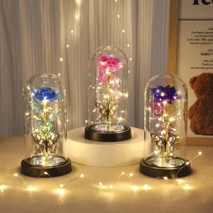 Custom LED Artificial Rose Glass Lampshade Clear Glass Dome Proposal Romantic Valentine’s Day Birthday Gift Christmas Decoration