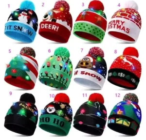 Custom LED Christmas Hat Decoration Supplies Light Up Santa Claus Knitted Sweater Beanie Xmas Gift Hat for Kids and Adults