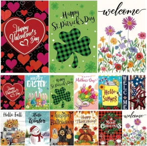 Custom Logo 12 Set Double Sided Polyester Seasonal 12×18 Inch Garden Flags for Summer Decorative Outdoor Holiday Decorations
