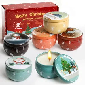 Custom Logo 6 Pack Christmas Tin Scented Candle Gift Set Mini Metal Travel Tins Soy Wax Santa Snowman Holiday Fragrance Gift Box